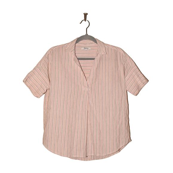 MADEWELL $68 Courier Button Back Brampton Stripe Shirt Pink/White XS - Picture 1 of 4